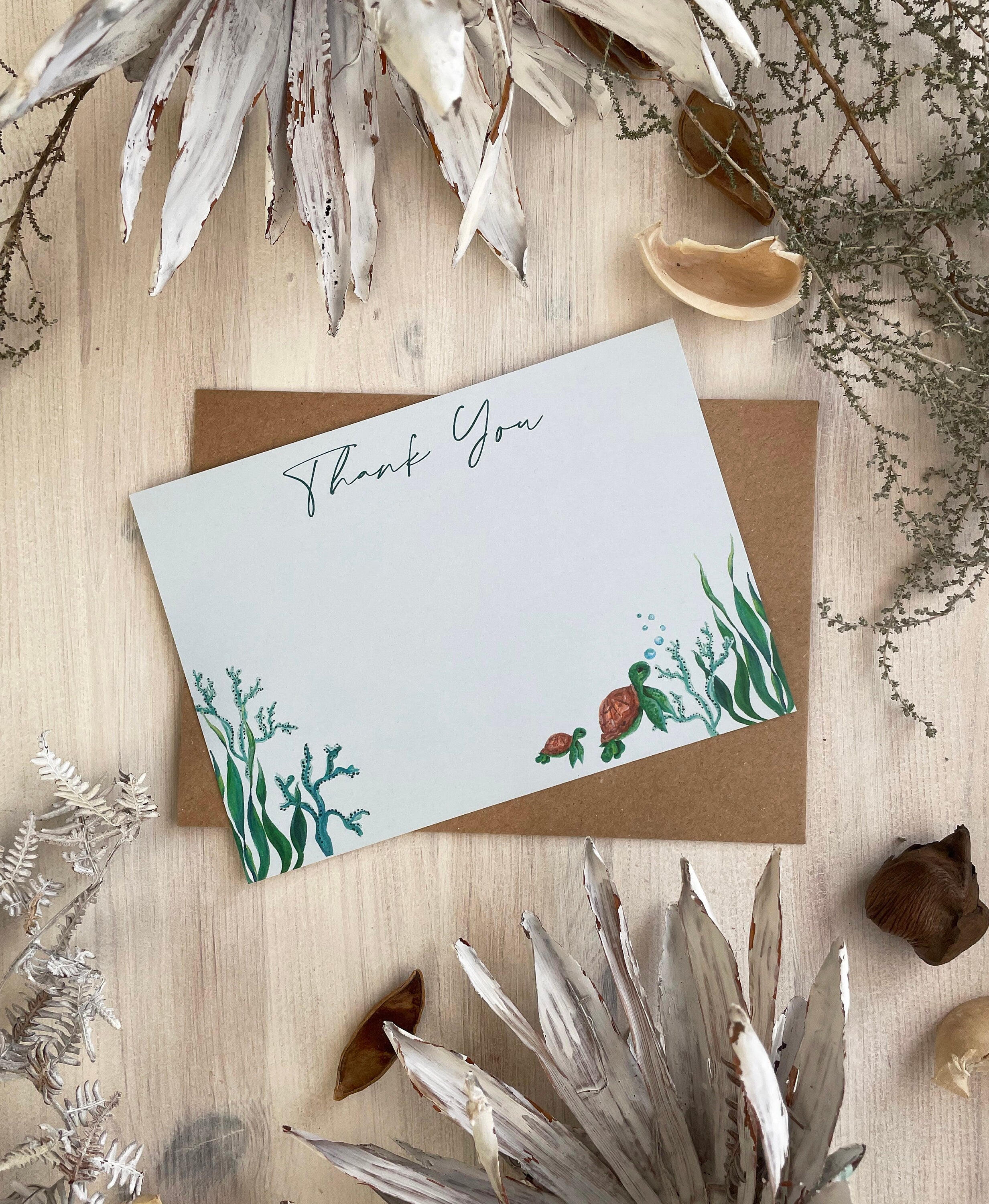 Turtle Pack of 5 or 10 Thank You Cards on Recycled Card