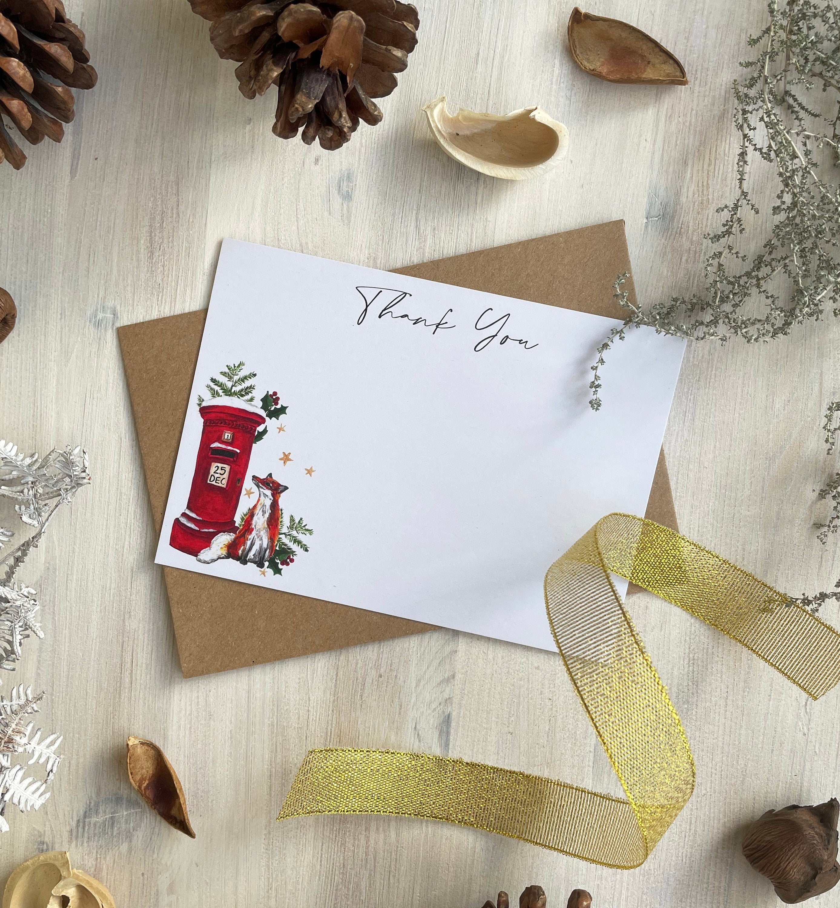 Christmas Fox Pack of 5 or 10 Thank You Cards