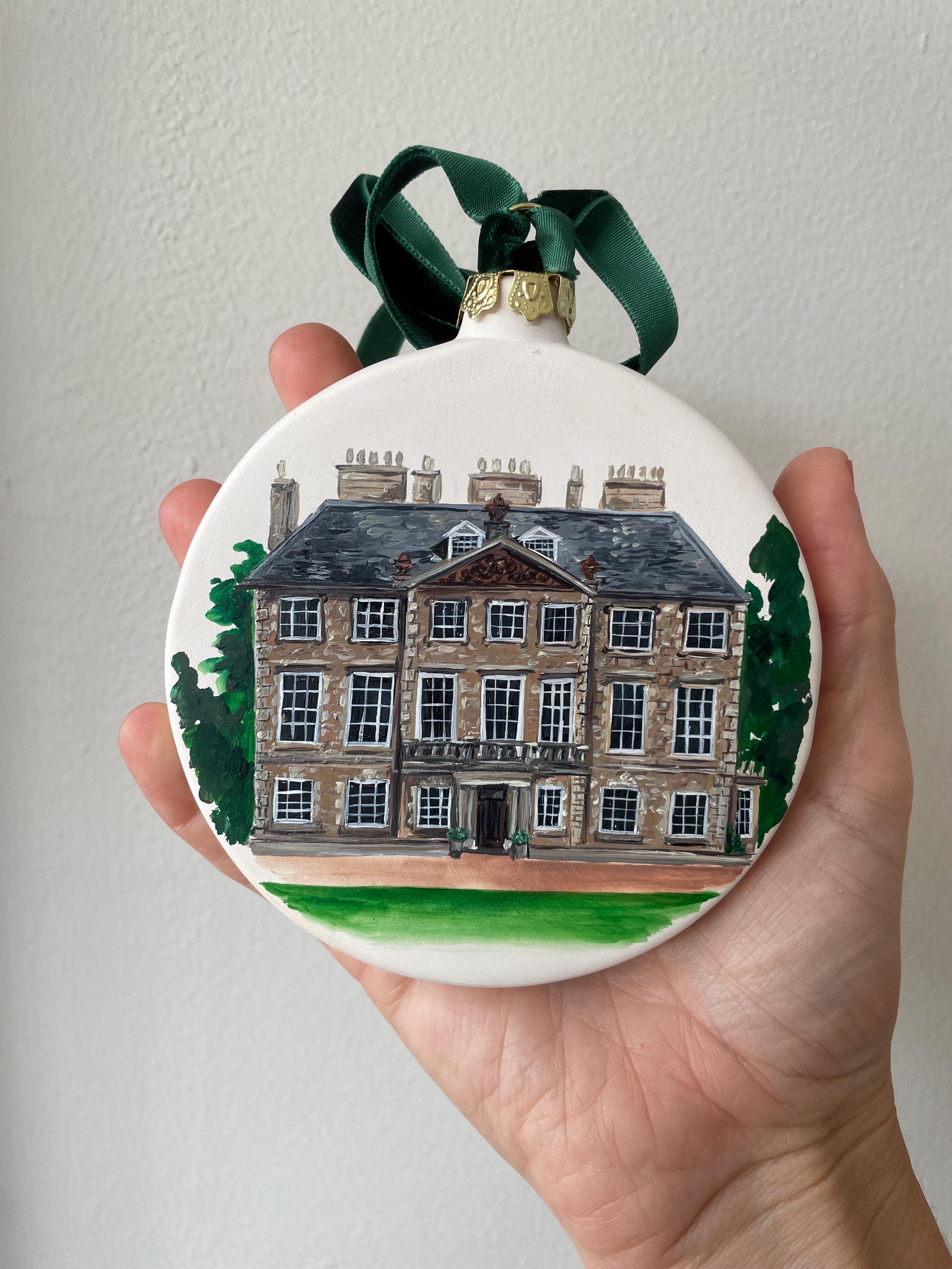 Hand Painted Luxury Personalised House Portrait Wedding venue Illustration Ceramic Bauble Decoration Ornament